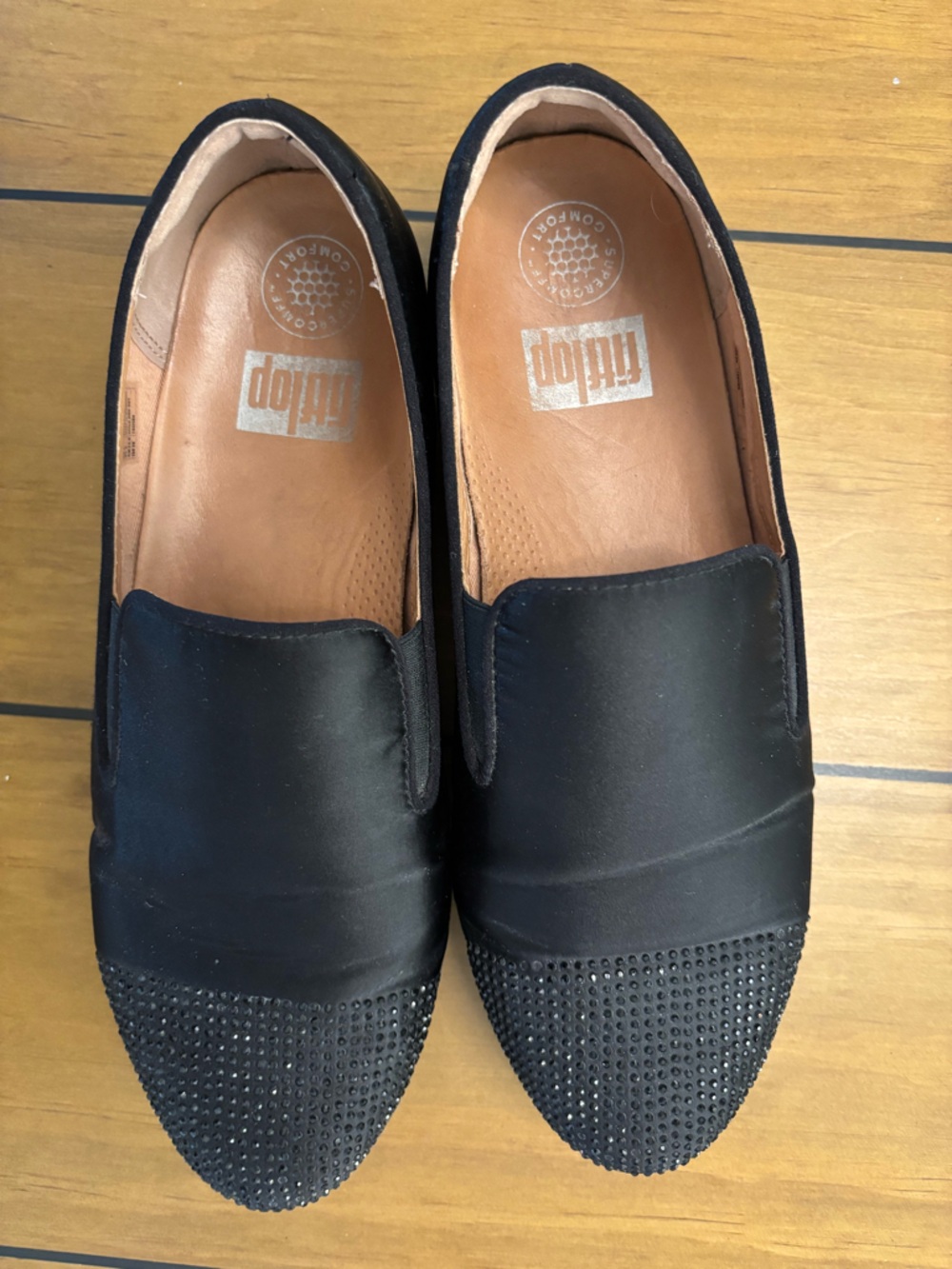 Fit Flop Black Satin Loafers with Sparkle Studded Toe